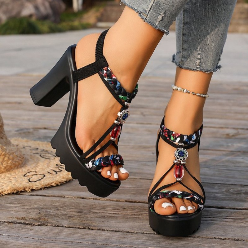 Ethnic Style - Sandalias de Tacón Grueso Estilo Étnico