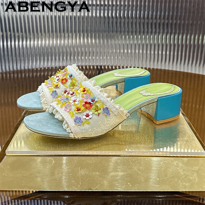Ethnic Style - Zapatillas de Tacón Cuadrado con Flores